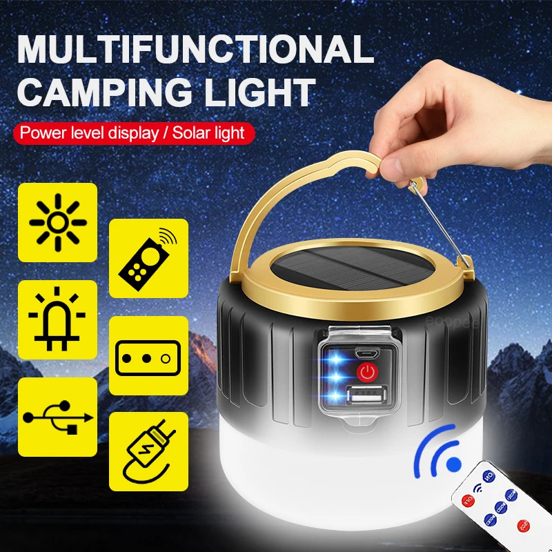 Solar LED Camping Light USB Rechargeable Bulb Remote Control Tent Lamp Portable Lantern Emergency Lights For Outdoor BBQ Hiking