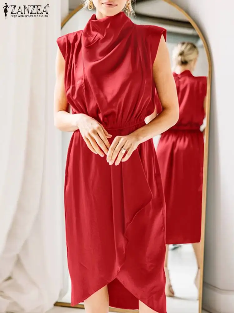 

ZANZEA Summer Split Hem Midi Dress Women Asymmetrical Sleeveless Holiday Party Vestidos Loose Casual Elegant Satin Sundress Robe