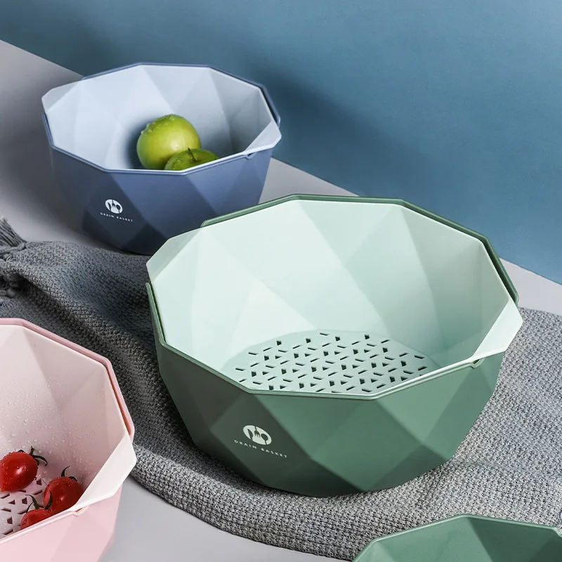 

Kitchen Double Drain Basket Bowl Washing Storage Basket Strainers Bowls Drainer Vegetable Cleaning Colander Tool
