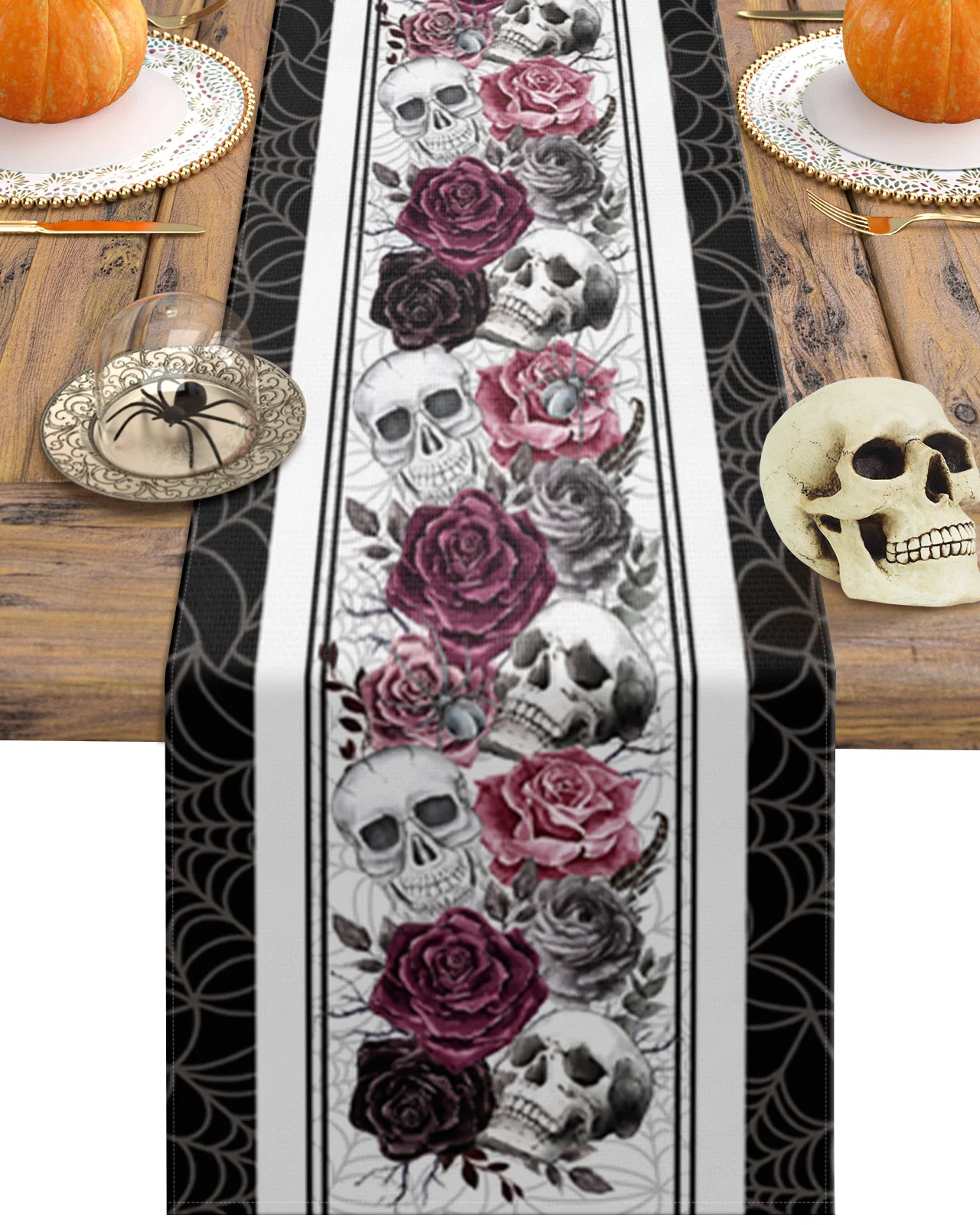 

Halloween Skull Ros Crow Feather Table Runner Christmas Decoration Tablecloth Wedding Party Decor Table Cover