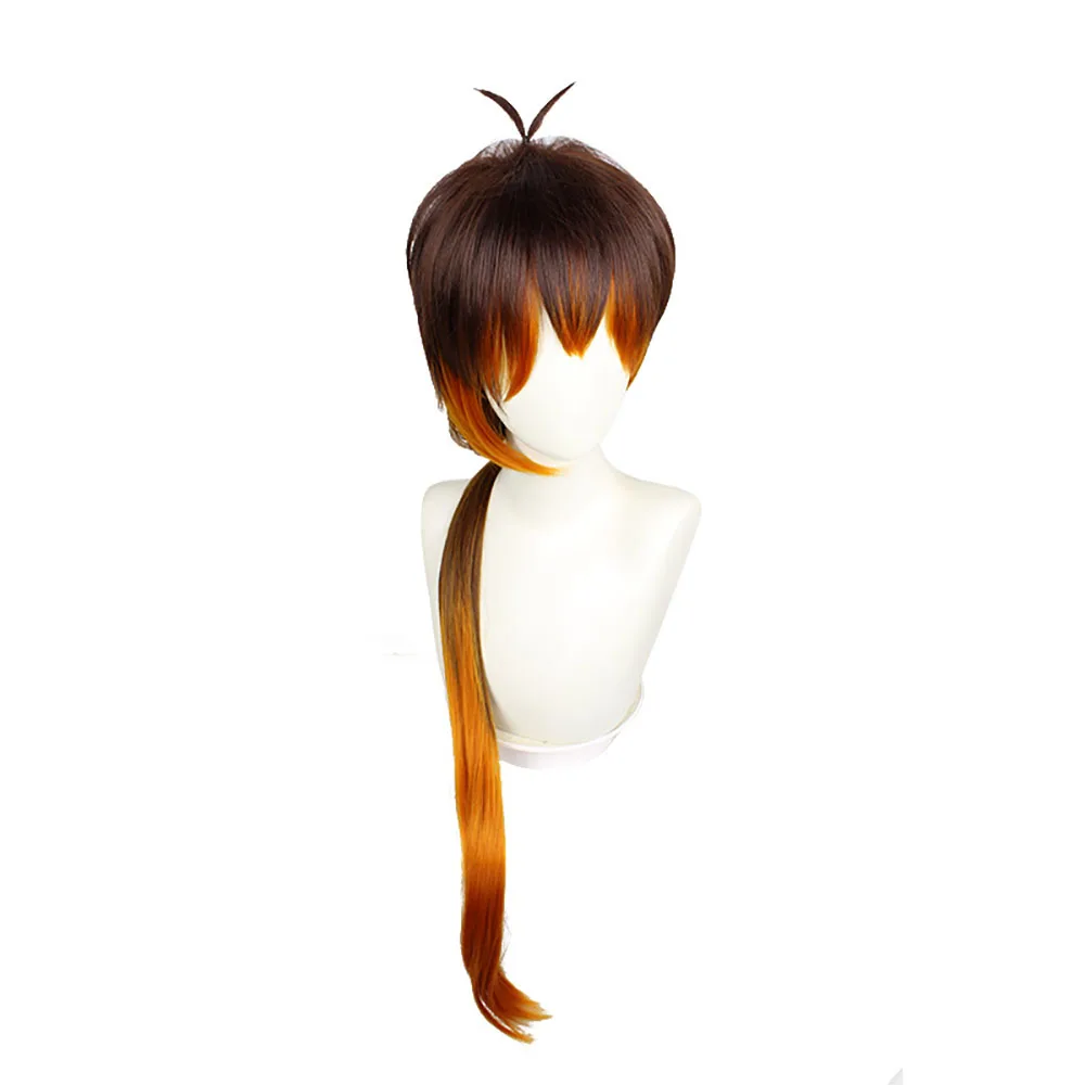 Genshin Zhongli Cosplay Wigs Anime Woman Natural Synthetic Brown Orange Long Heat Resistant Wig Accessories+1Pc Pin Gifts