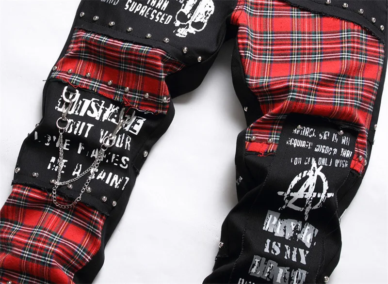 New Fashion Red Plaid Panel Men's Jeans Punk Style Zipper Pencil Jeans Skull Print Patch Hip Hop Slim Fit Denim Pants