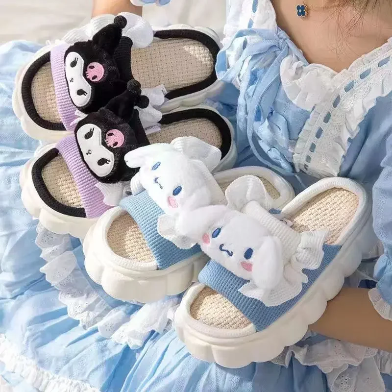 

Anime Sanrioed Hello Kittys Slippers Kawaii Cinnamoroll Kuromi Cartoon Girl Cotton Linen Soft Sole Four Seasons Slippers Gift