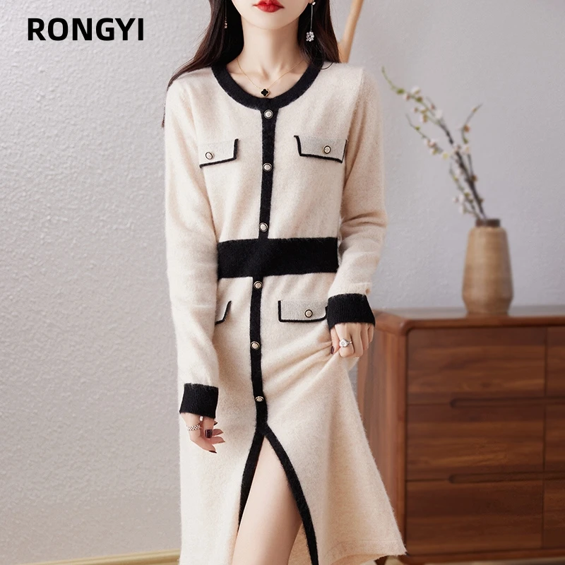 

Женский свитер из 100% шерсти RONGYI, повседневный вязаный кашемировый пуловер с круглым вырезом, осенне-зимняя блузка, модное толстое длинное платье