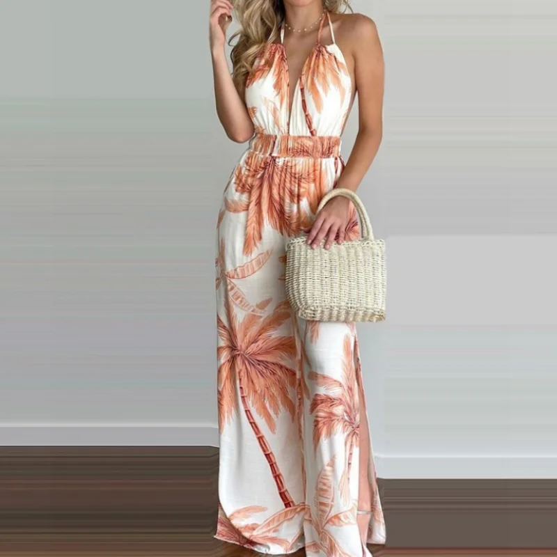 Women Floral Print Long Jumpsuits Sleeveless Deep V-neck Backless Lace-up Jumpsuit for Summer Beach Style Jump Suits for Women