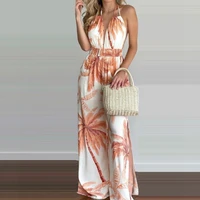 women floral print long jumpsuits sleeveless deep v neck backless lace up jumpsuit for summer beach style jump suits for women