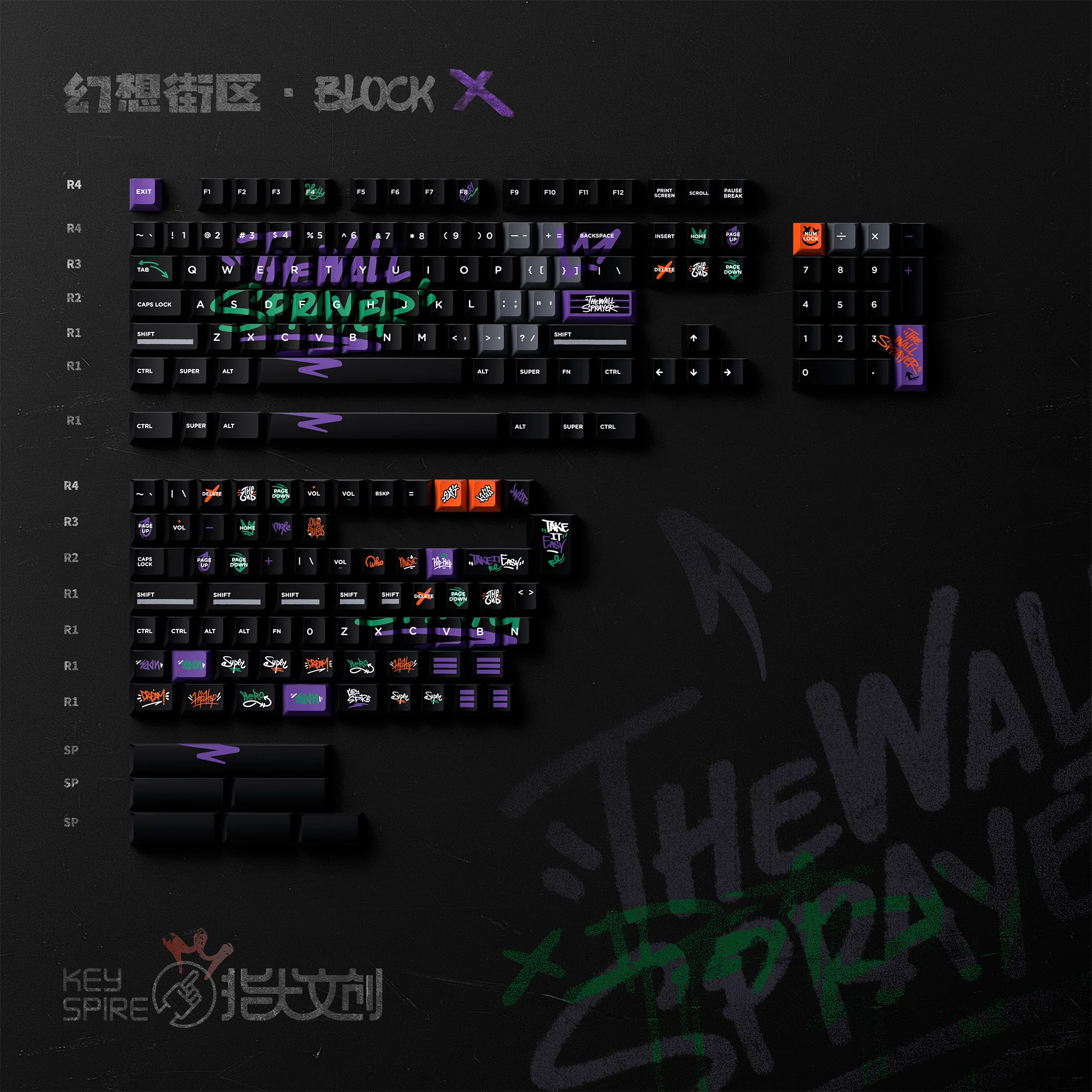 Фото Набор клавиш KeyTok Block X Dye Subbed PBT для клавиатур 87 TKL, 104 ANSI, EV63, Wooting 60 V2, EV63, матовый, с эффектом мягкого прикосновения, граффити-дизайн №4