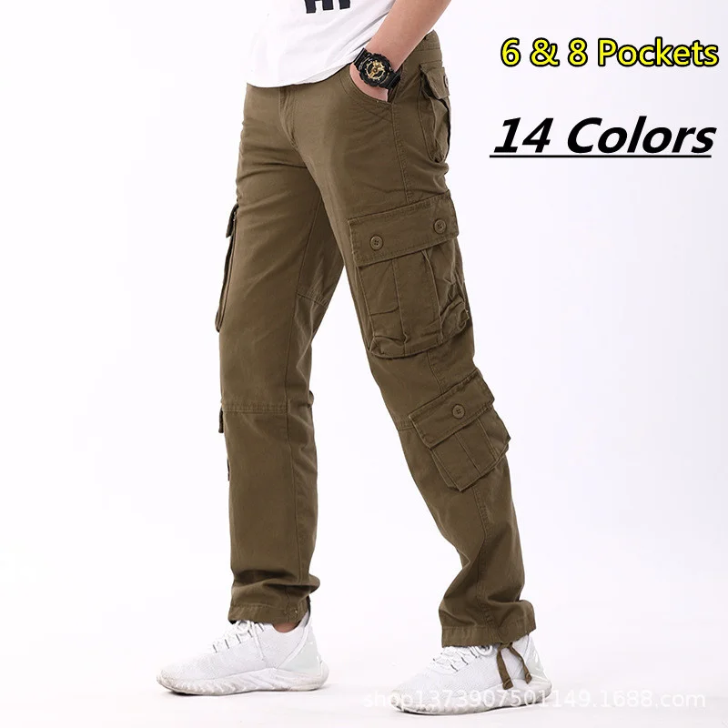 

44 Plus Size Mens Multi-pocket Cargo Pants Spring Autumn Cotton Leisure Straight Trousers Overalls Outdoor Military Work