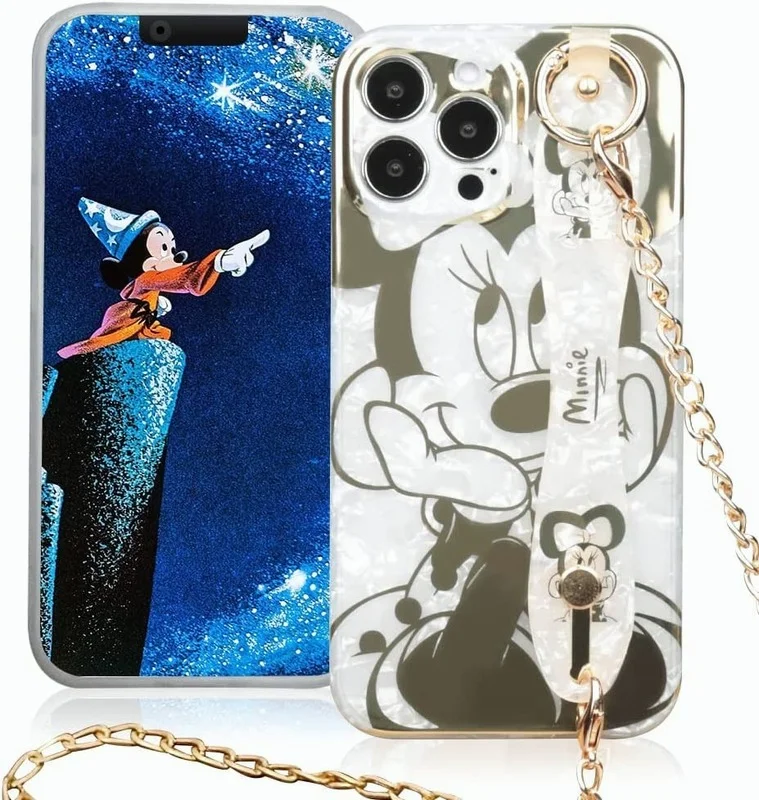 

Luxury Cartoon iPhone 14 Pro max Case with Strap for Women,Gold Minnie Sparkle Bling Cover with Metal Chain, Wrist Strap