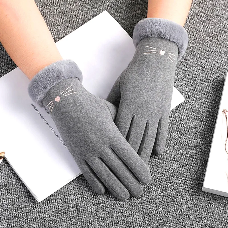 

Warm Gloves Ladies Winter Velvet Outdoor Sports Riding Thickened Screen Driving Gloves Furry Warm Mitts Full Finger Mittens