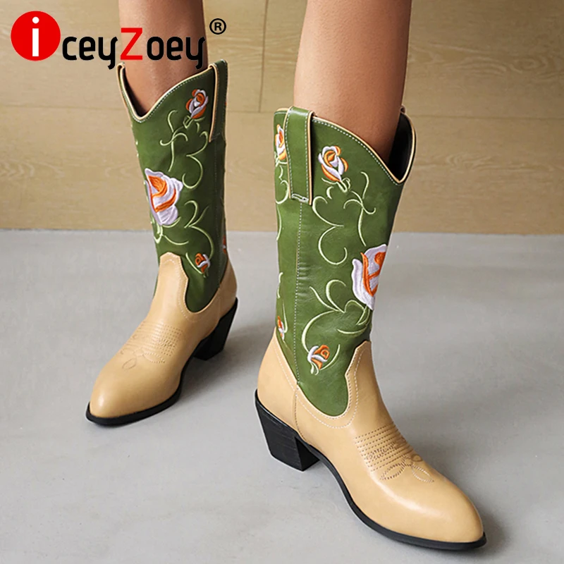 

IceyZoey Size 35-48 Boots Women Mixed Color Female Shoes 2022 Vintage Embroidery Half Calf Boots Daily Female Footwear