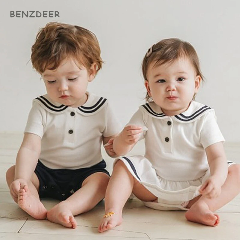 

Newborn Matching Outfits Infant Boys Romper Overalls Toddler Girls Summer Dress Spanish Korean Style Baby Brother Sister Clothes