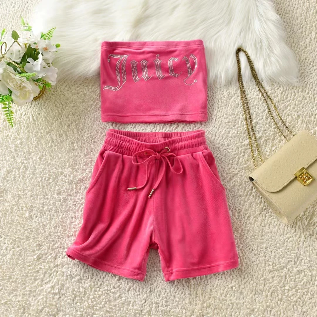 Juicy Coutoure Summer Chest Wrap Suit Sexy Bra Trousers 2 Pieces Solid Color Letters Juicy Rhinestone Velvet Home Sports 2Pc