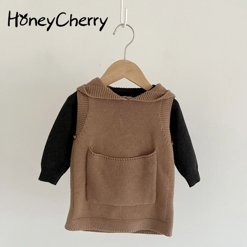 

HoneyCherry Girls Knit Hooded Vest Dress Baby Cotton Sleeveless Big Pocket Vest Dress Toddler Vest