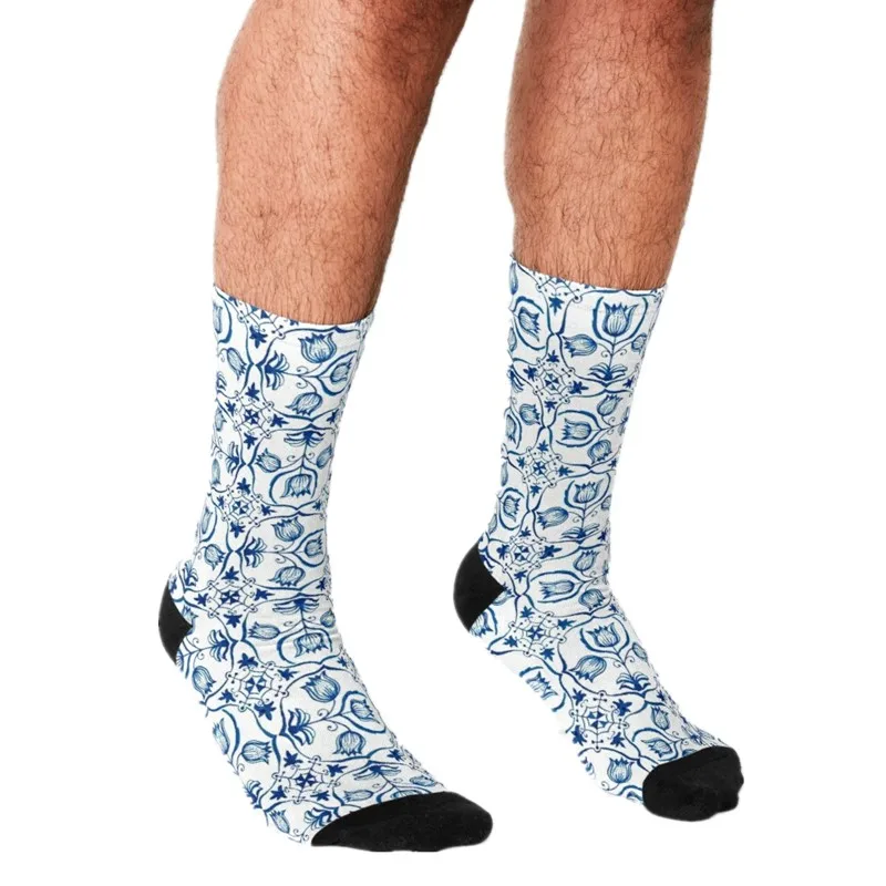

Men's Funny socks Delft Blue Tulips Printed Socks harajuku Men Happy hip hop Novelty cute boys Crew Casual Crazy Socks for men