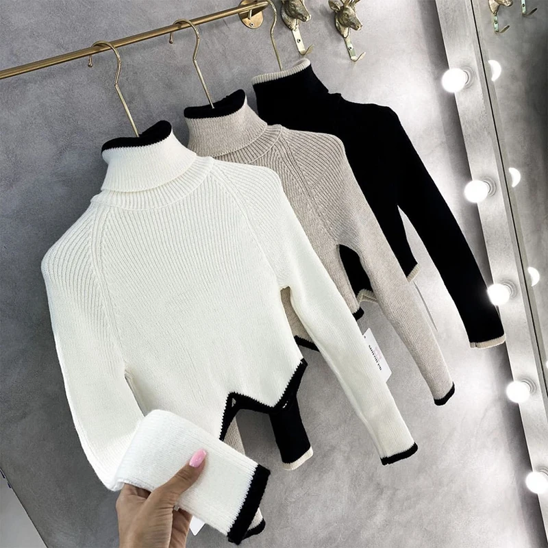 

Women Irregular Hem Turtle Neck Cropped Sweaters Winter Clothes Knitted Long Sleeve Pullovers Short Tops