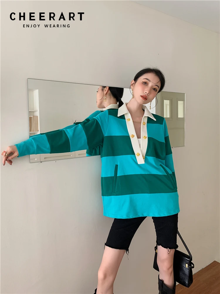 

CHEERART осенние модные полосатые синие свитшоты женские толстовки с воротником на пуговицах Топ с длинным рукавом Осенний пуловер Одежда