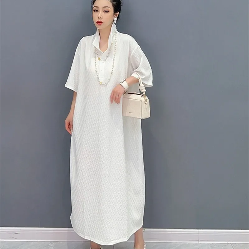 

Элегантное Белое длинное платье для женщин, летние тонкие пуловеры, платье с воротником-стойкой и коротким рукавом, летние платья для женщин