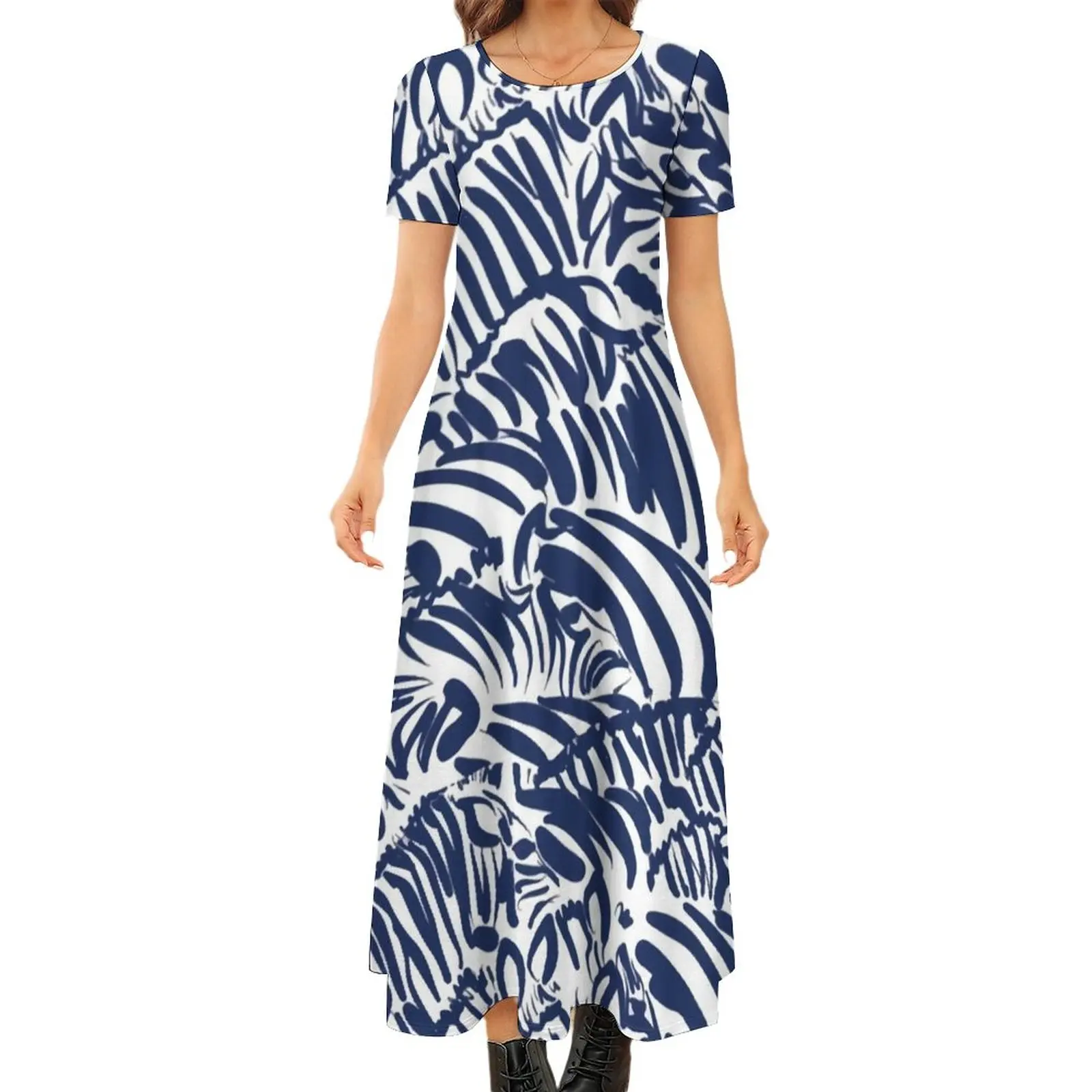 

Zebra Stripe Navy Dress Abstract Fun Animal Elegant Maxi Dress Street Style Bohemia Long Dresses Short Sleeve Oversized Vestidos