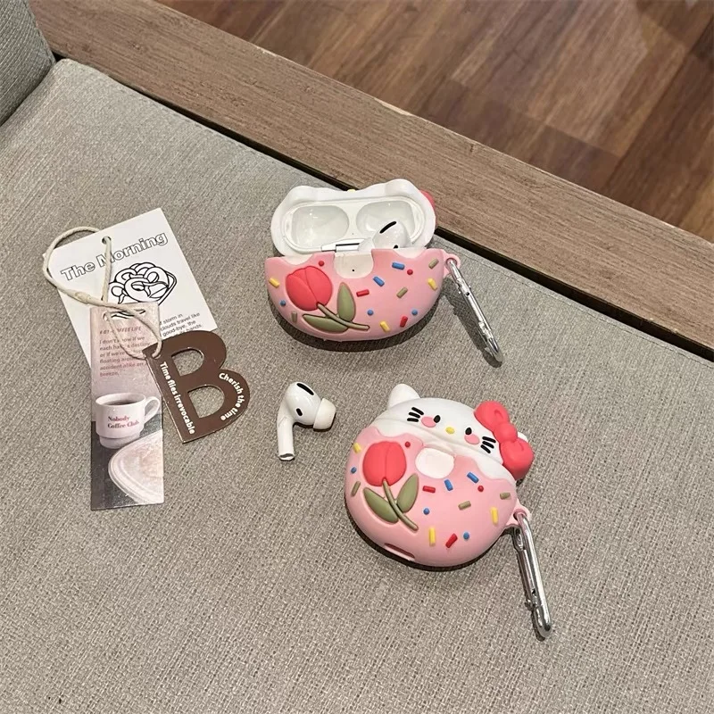 Чехол для наушников с рисунком пончика Hello Kitty Apple AirPods 1 2 3 Pro 3D милые силиконовые