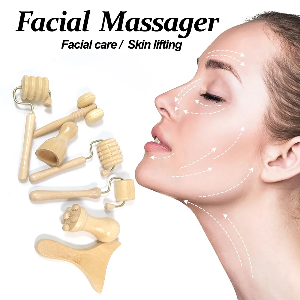 

Wood Therapy Face Massagers Roller Gua Sha Facial Lifting Wrinkle Remover Maderoterapia Face Roller Scraper Beauty Health 7Pcs