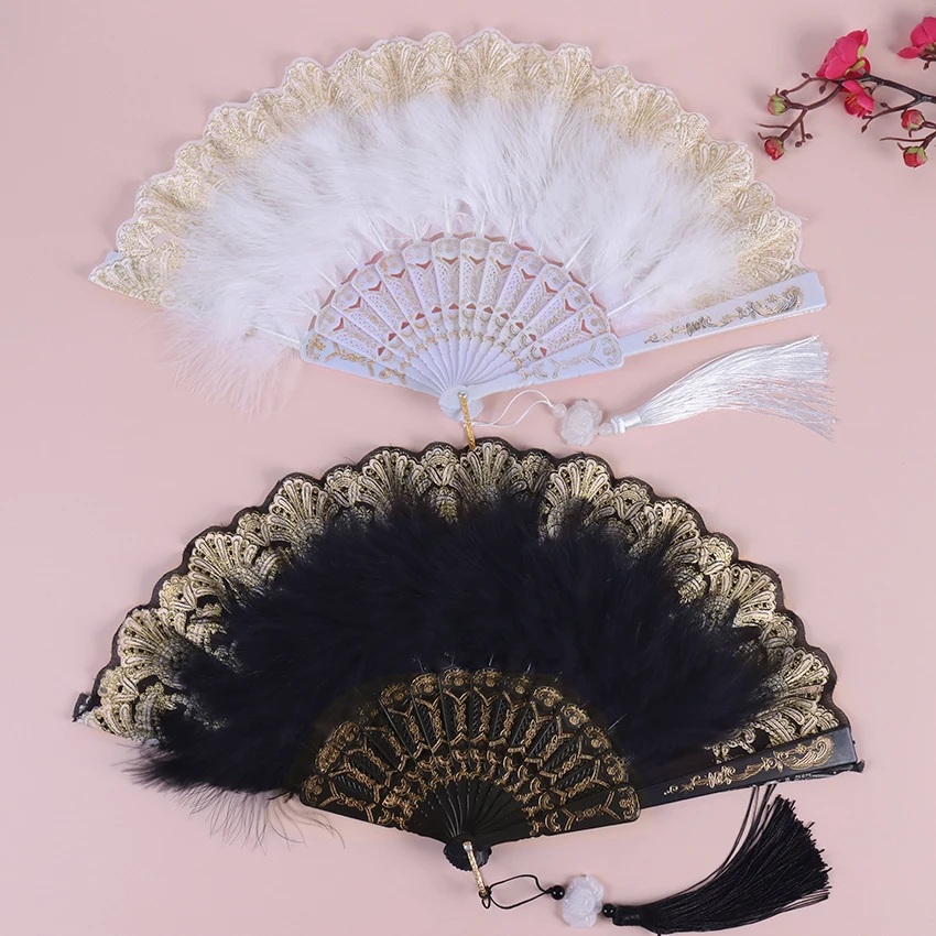 Lolita Lace Feather Folding Fan Japanese Sweet Fairy Girl Dark Gothic Court Dance Hand Fan Gift Wedding Party Home Decoration