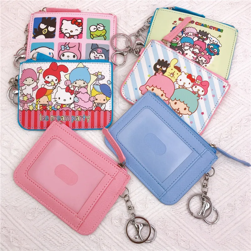 

Kawaii Sanrios Coin Purse Cute Hellokittys Kuromi My Melody Cinnamoroll Cartoon Pu Card Set Keychain Accessories for Girls Gift