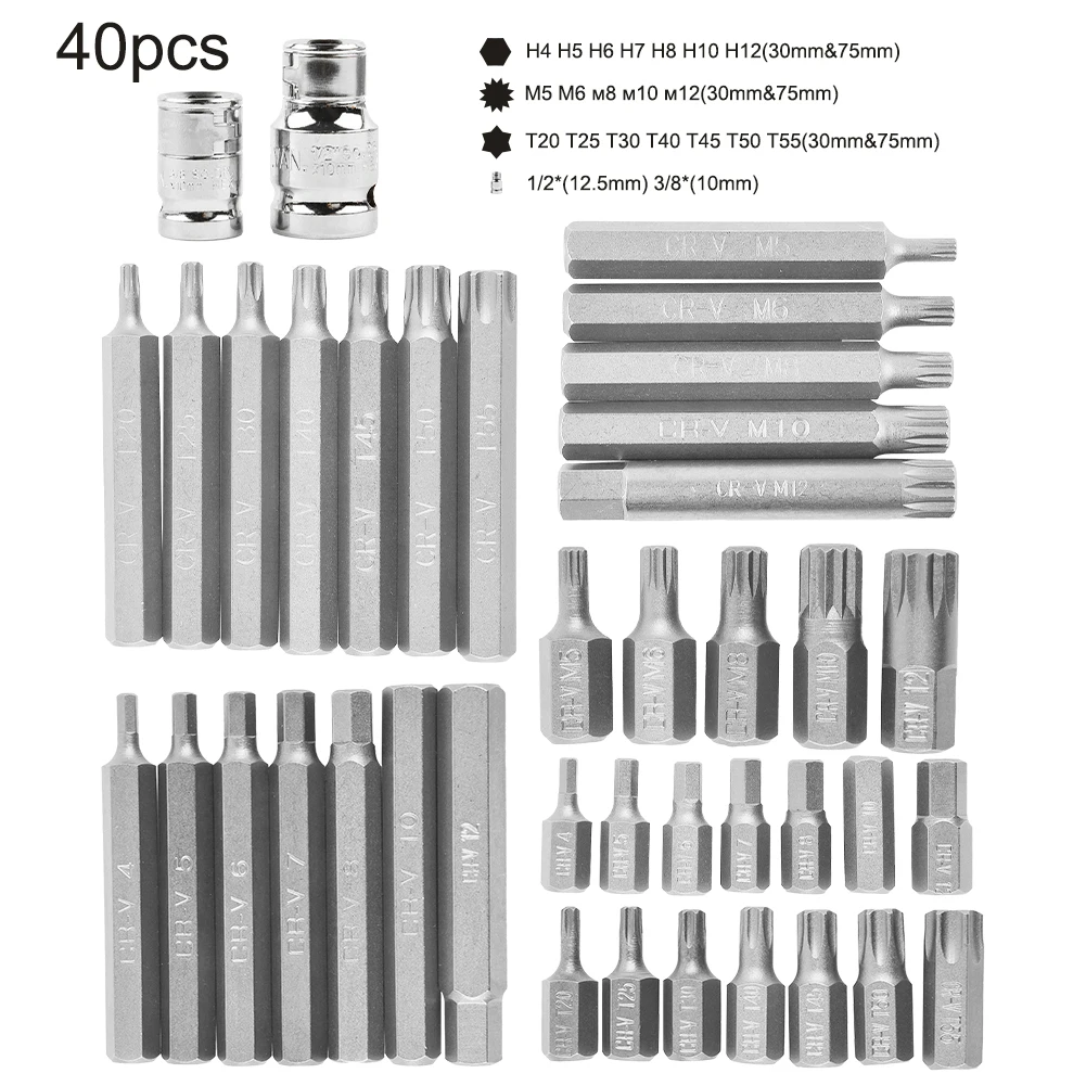 

40PCS 30/75mm Torx Star Hex Socket Bit Tool Kit Precision Screwdriver Bit Repair T20 T50 H4 H5 H6 H7 H8 H12 M5 M6 M8 M10 M12