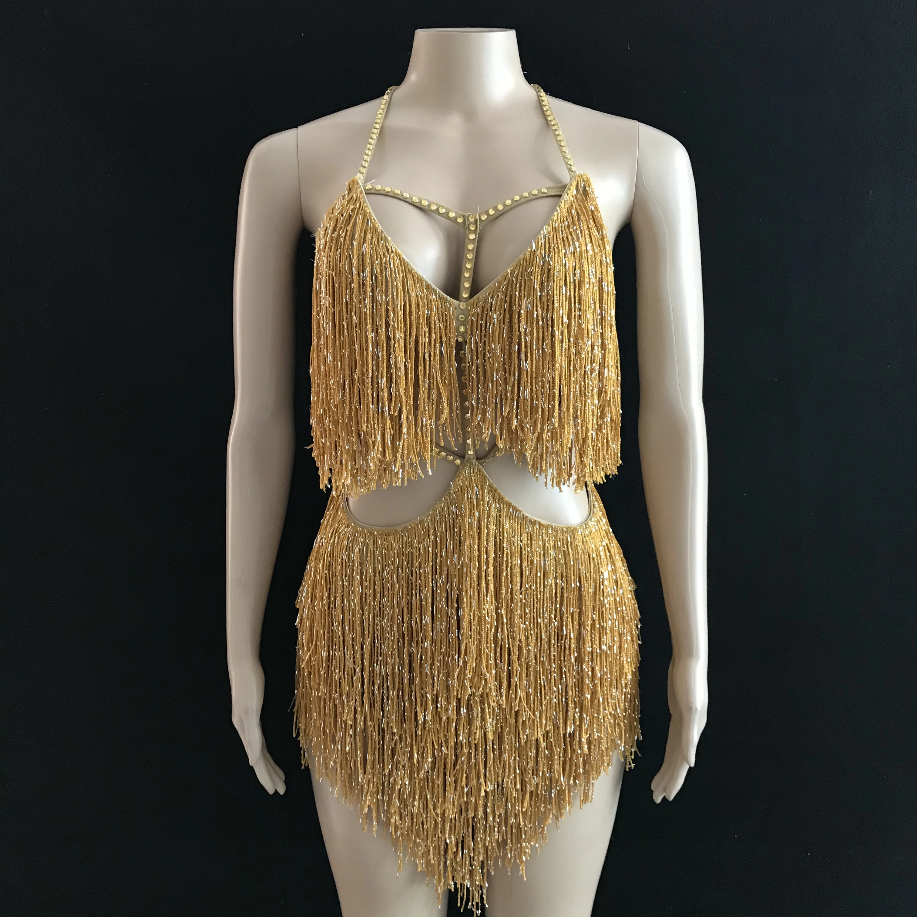Fashion Gold Fringes Costume Outfit Tassel Dress Evening Birthday Party Dance wear Nightclub Singer Performance CLothing