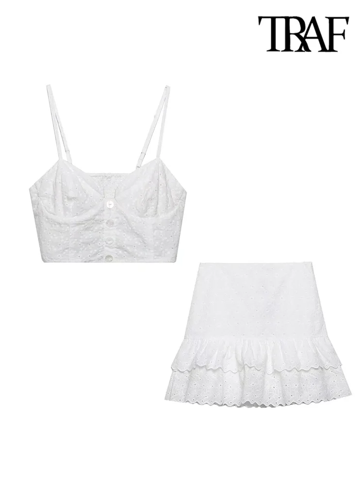 

TRAF Women Fashion Front Buttons Cutwork Embroidered Crop Camis And High Waist Side Zipper Skirts Female 2pc Sets Mujer