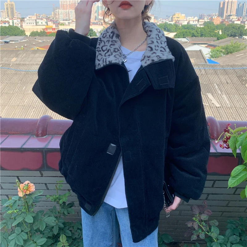 Cool Girl 2021 New Winter Leopard Patchwork Women Coat Corduroy Warm Loose Casual Jacket Female Outwear Elegant Tops Streetwear