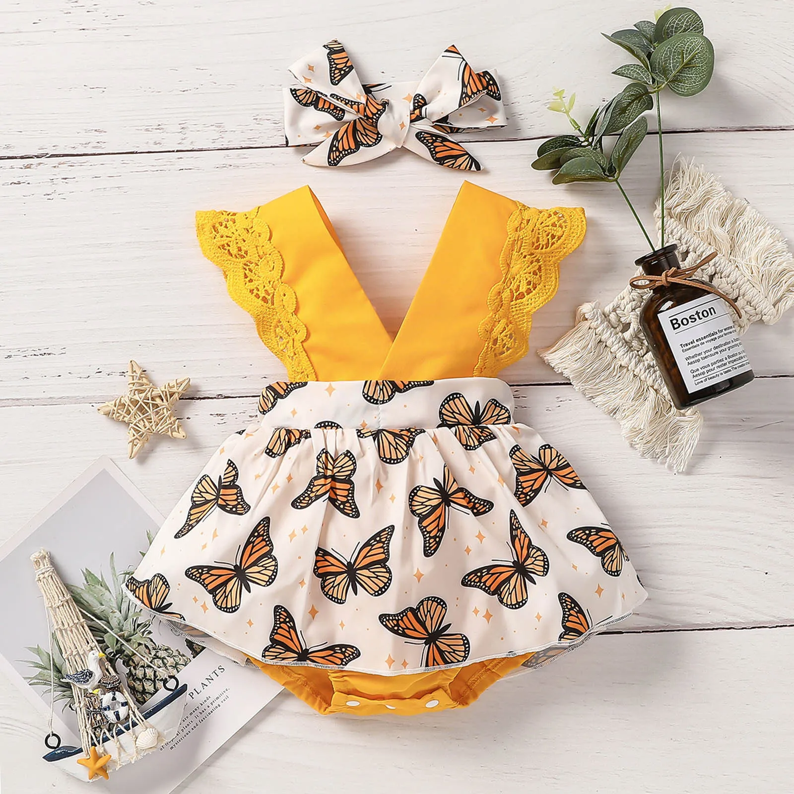 

Infant Girls Lace Fly Sleeve Printed Romper Newborn Bodysuits Dress Headbands Outfits 2t Girl Clothes Infant Girl Tops