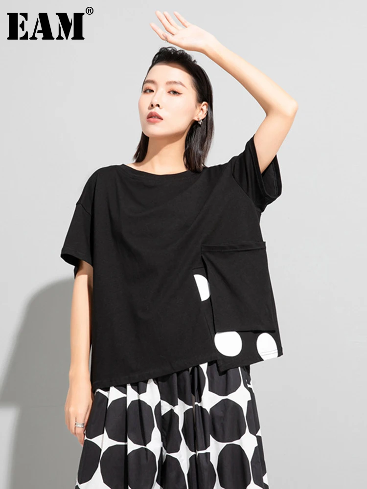 

[EAM] Женская Повседневная футболка с принтом в черный горошек большого размера, новая модная футболка с круглым вырезом и коротким рукавом, в...