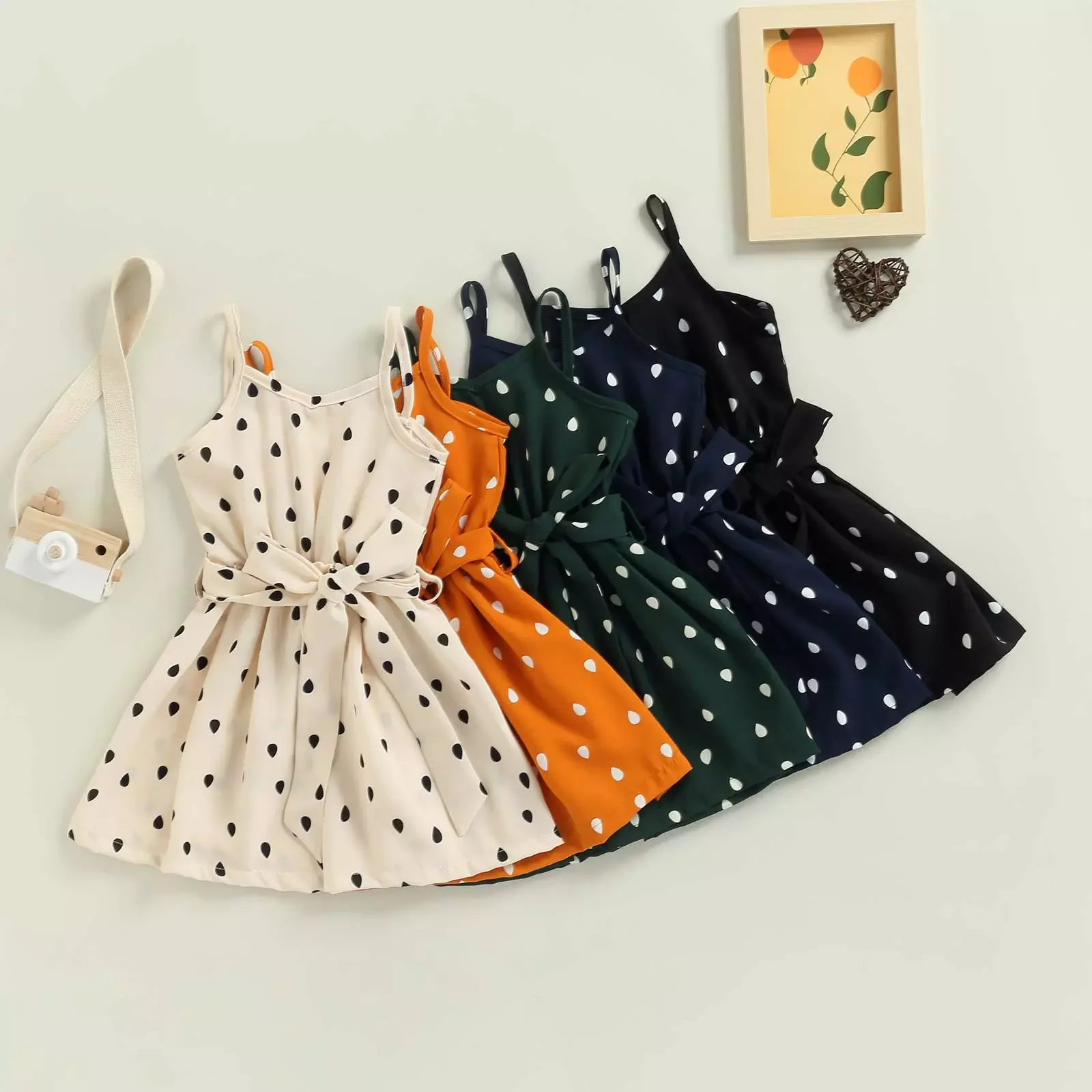 

Infant Baby Girls Casual Dress, Spaghetti Strap Sleeveless Dot Printed Dresses with Belt for 1-6 Years Old