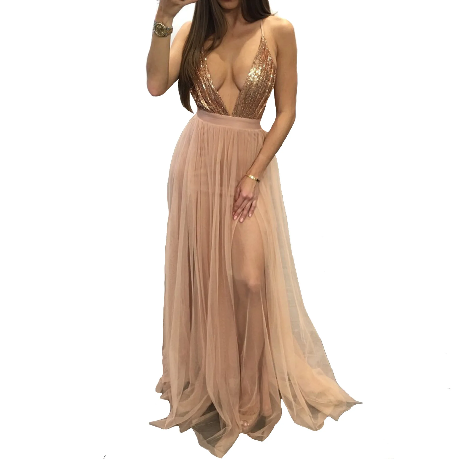

Summer Dress Women Deep V Neck Wedding Sexy High Split Dresses Evening Party Chiffon Lace Sequin Sexy Bodycon Women Dress