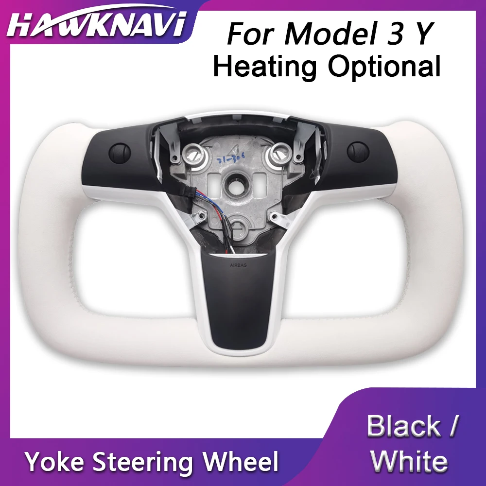 Modified Leather Yoke Steering Wheel For Tesla Model 3 Y 2017 2018 2019 2020 2021 2022 White Black Heating Optional
