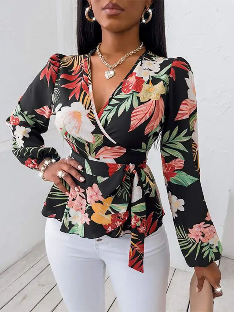 

VONDA 2022 Vintage Women Long Sleeve Ol Blusa Female A-Line High Waist Floral Printed Blouse With Belt V Neck Chemise Shirt Tops