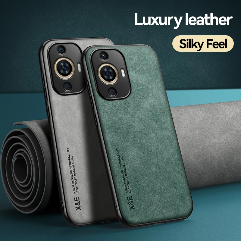 

Luxury Leather Case for Huawei nova 11 Pro GOA-AL80 FOA-AL00 Car Magnetic Holder Soft Edges Shockproof Phone Cover nova11Pro