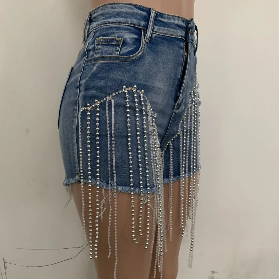 Women Sexy Beads Tassel Zipper Denim Shorts 2023 Party Night Clubwear European and American Style Hot Shorts Indie Fashion
