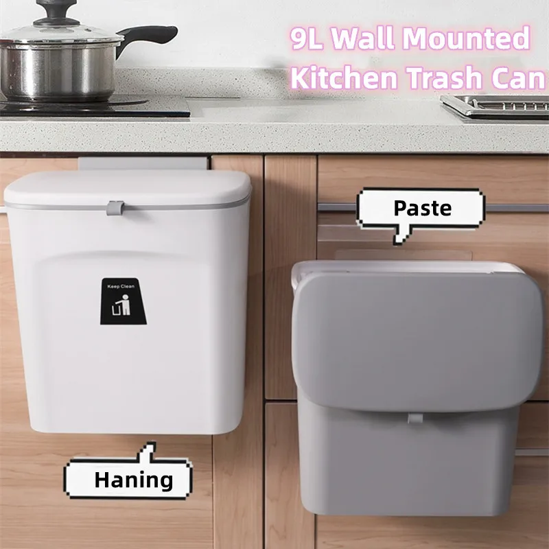 

7/9L Hanging Trash Can For Kitchen Recycling Garbage Basket Kitchen Cabinet Door Wall Mounted Large Capacity Waste Bin with Lid