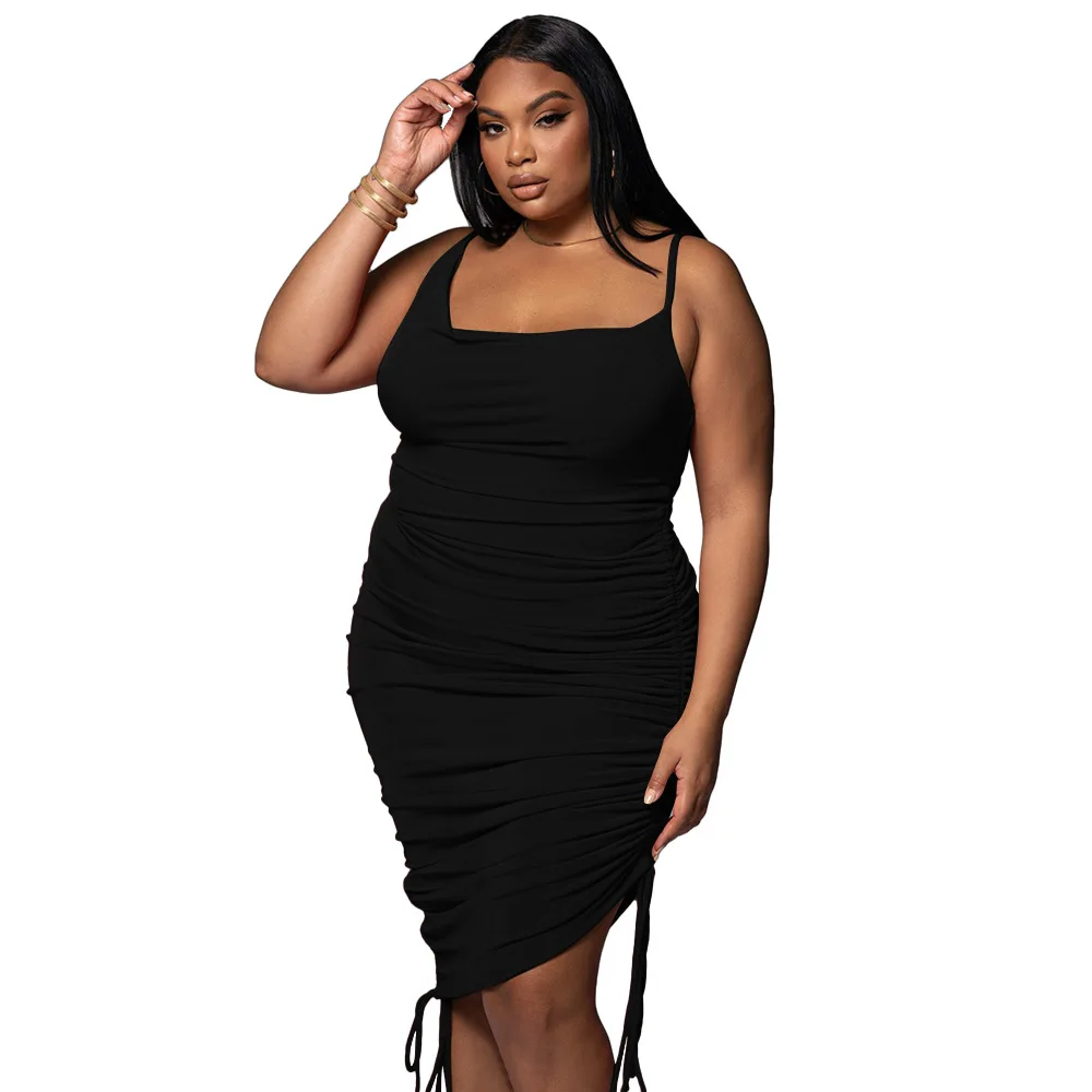 FS 2022 Sexy Women Plus Size Dresses Clothing Low Collar Drawstring Large Size Ladies Tight Waist Dress Spaghetti Strap Pleated