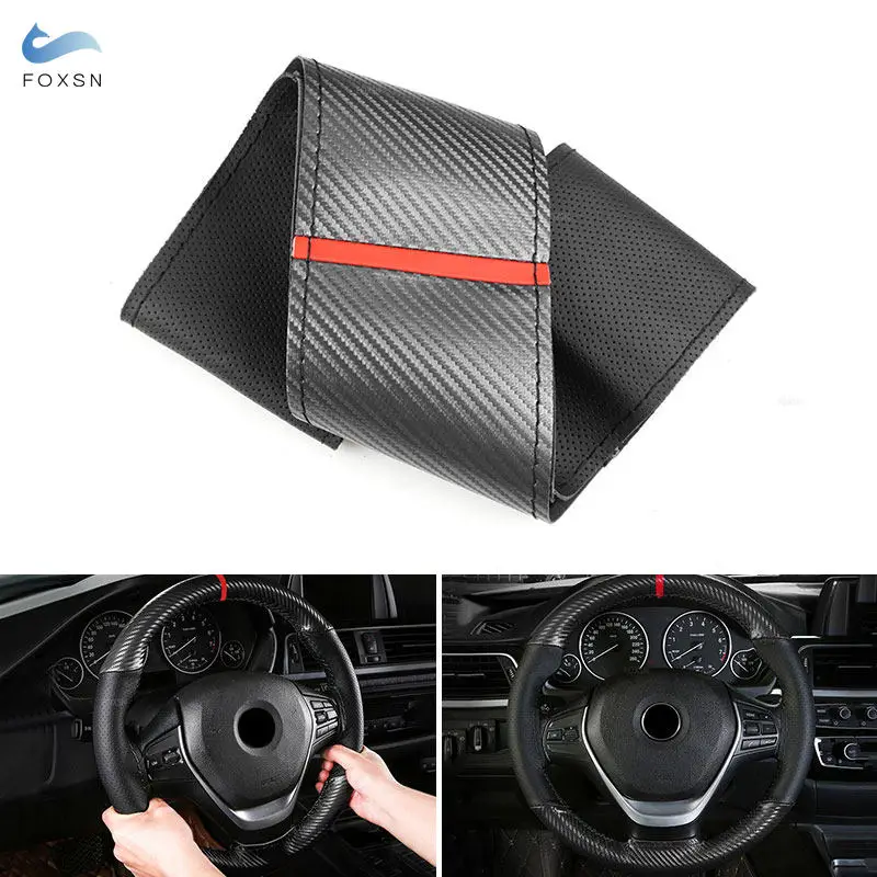 

38cm Universal Hand-stitched Car-styling Steering Wheel Braid Cover Black Carbon Fiber + Perforated Leather Splice - Red strip