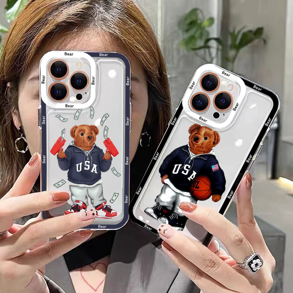 

Fashion Sports Bear Phone Case For iPhone 14 13 12 Mini 11 Pro Max X XR XS 7 8 SE 2020 Plus Soft Silicone Transparent Cover