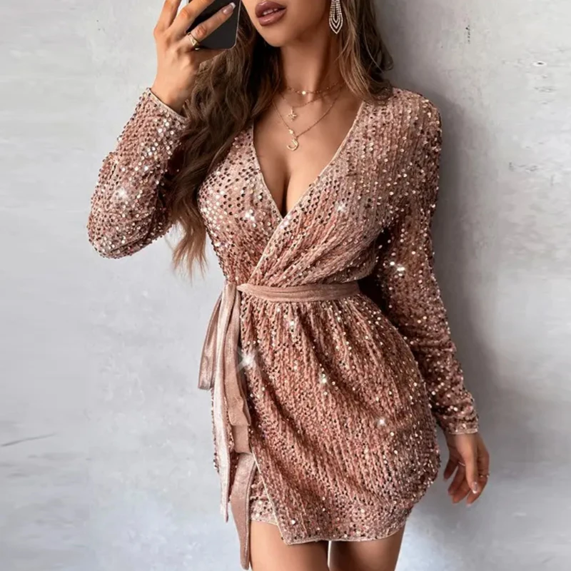 

Elegant Glitter Sequin Slim Mini Dress Fall Women Sexy Wrap V-neck Evening Party Dress Spring Casual Long Sleeve A-Line Dresses