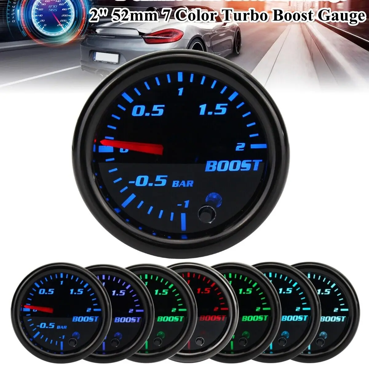 

Универсальный автомобильный измеритель давления Turbo Boost, вакуумный прибор для измерения давления, 2 дюйма, 52 мм, диапазон измерений-1 ~ 2 бар, 12 В, С дисплеем 7 цветов
