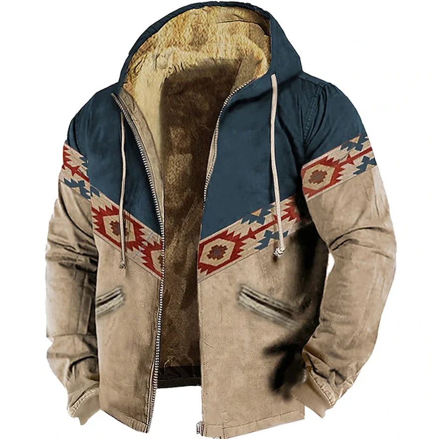 

Winter Fleece Zipper Hoodies for Men Vintage Tribal Graphics Print Hood Jackets Clothing Street Outerwear Tracksuit Coat Hooded