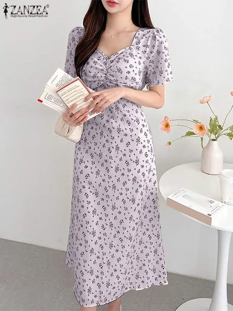 

2023 ZANZEA Women Summer Floral Dress Bohemian Printed Holiday Sundress Short Sleeve Robe Causal Lace Up Vestido Elegant Dresses