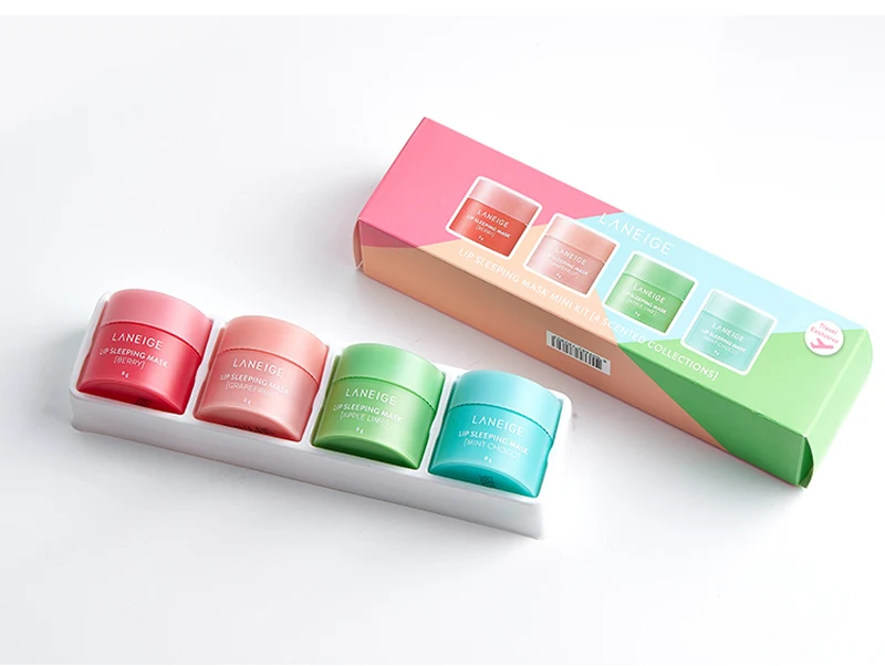 Набор из 4 миниатюрных корейских масок для губ Laneige Lip Sleeping Mask с ароматом, питательным и увлажняющим уходом, смягчающим сухость во время ночного сна.
