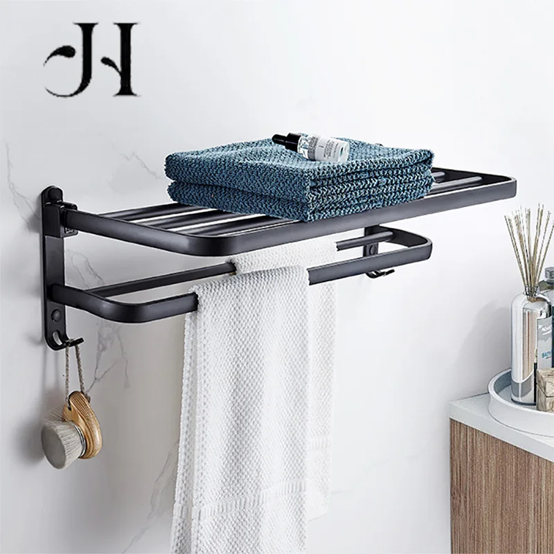 

Matte Black Towel Rack 40-60CM Movable Holder With Hook Wall Mount Shelf Aluminum Shower Bar Hanger Rail Bathroom Accessories