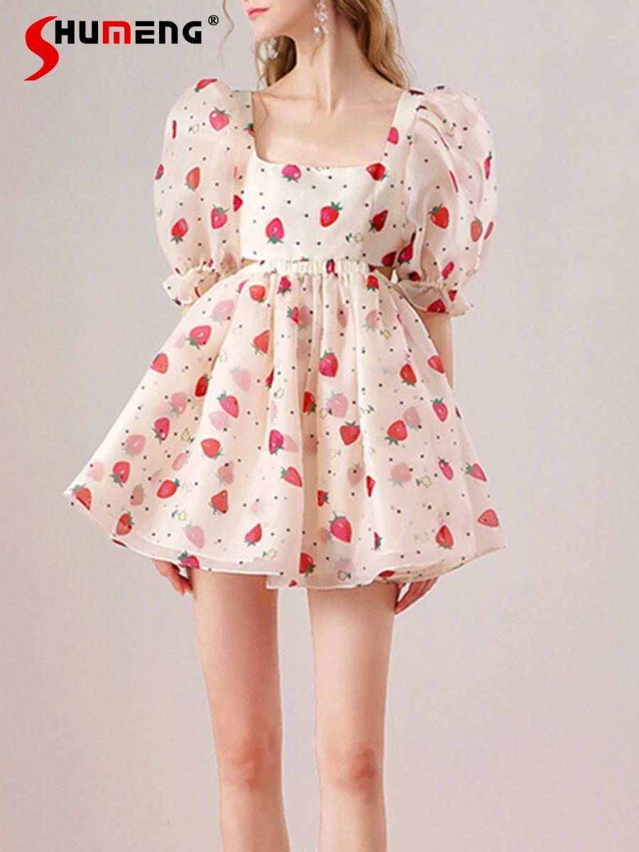 

French Style Square Collar Puff Short Sleeve Puffy Dress Women Sweet Strawberry Printed Organza Princess Birthday Dress Summer